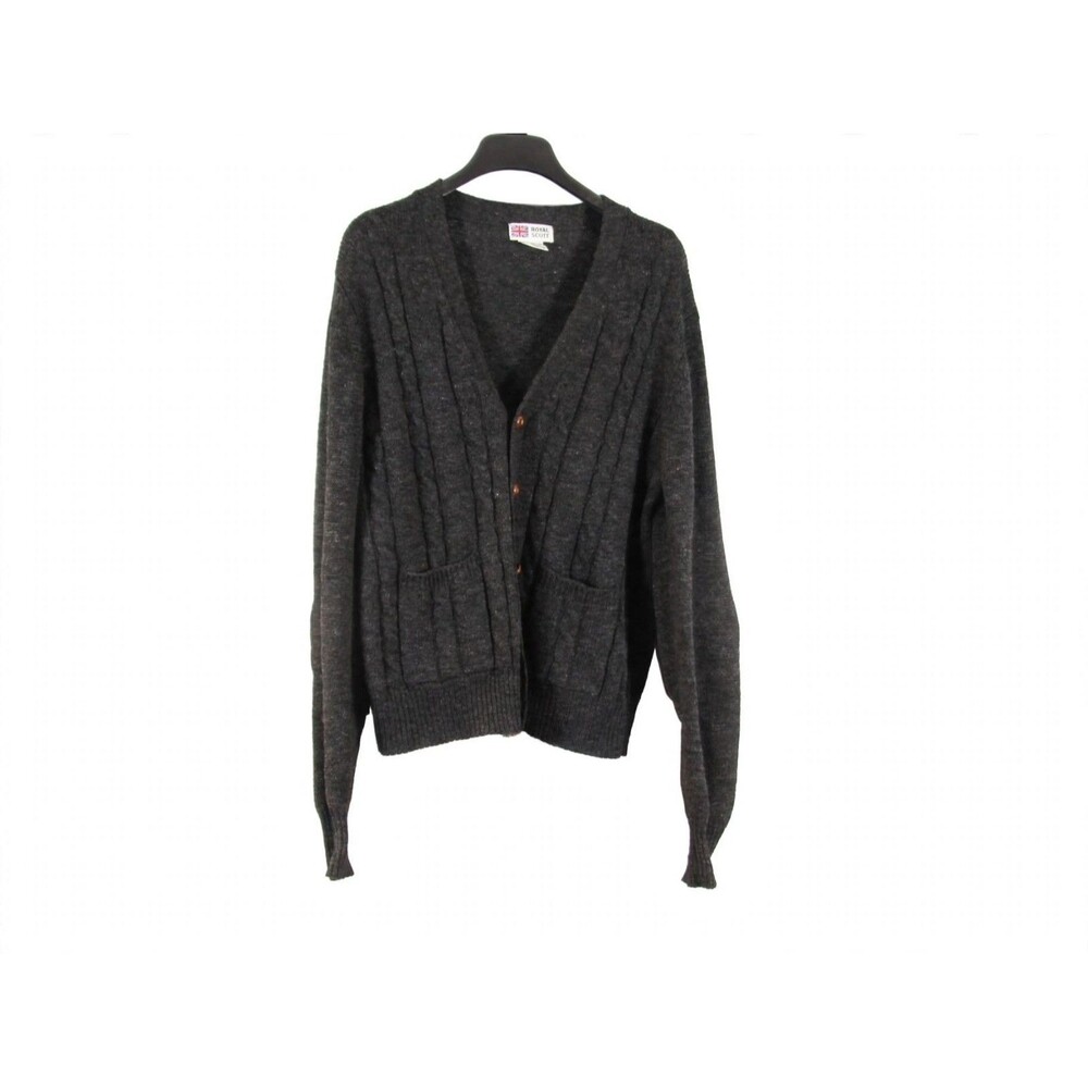 Royal Scott Mens M Shetland Wool Cardigan Charcoal Cable Knit Elbow Patch